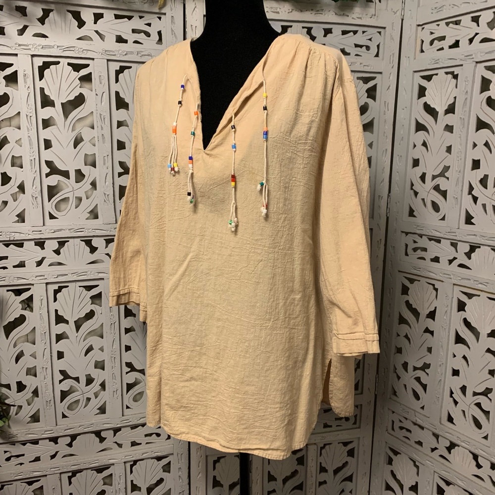 VERY NICE KHAKI TAN LIGHTWEIGHT MID SLEEVE TOP WITH BEADS HANGING